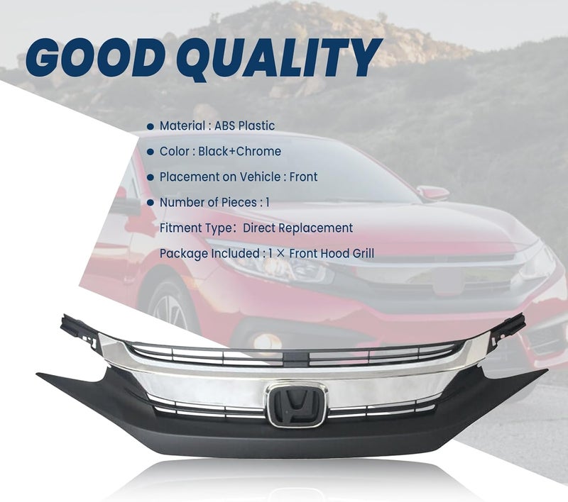 Kspeed Front Bumper Grille for 2016 2017 2018 Honda Civic, Black with Chrome Molding Front Upper Hood Grill Replacement Part - Image 4